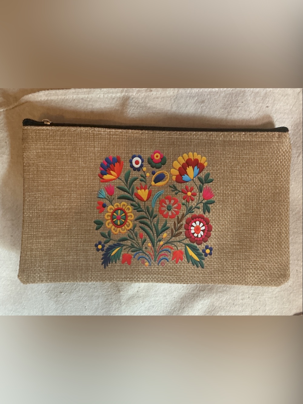 Floral Embroidered Burlap Zip Pouch - Multicolor